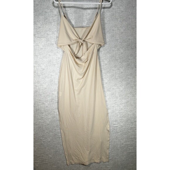 Lyaner Beige Sleeveless Cut-Out Front Midi Dress Women's Medium Body Con - Picture 1 of 9